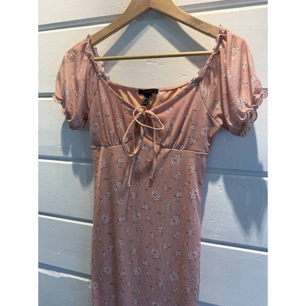 Forever 21 Pink Floral Midi Dress Cottagecore Milkmaid Puff Sleeve Small Stretch
